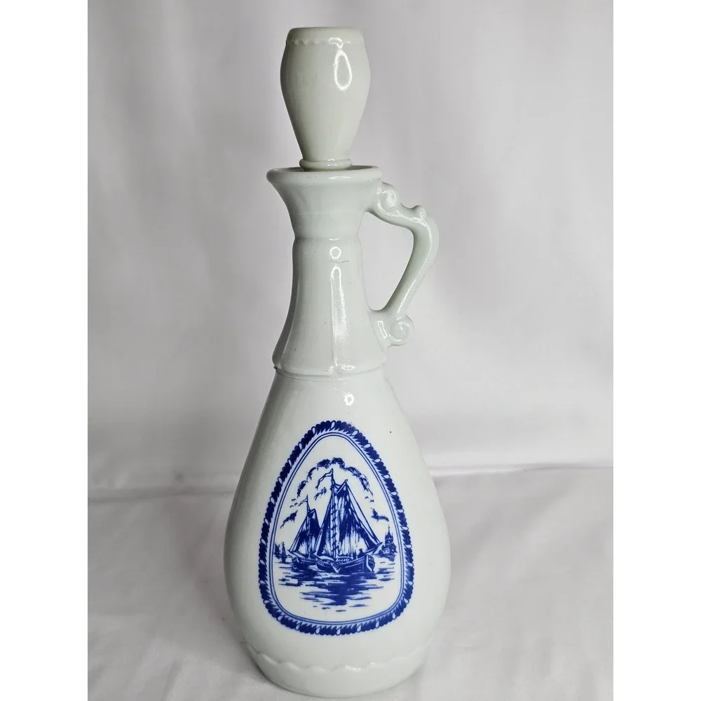 Vintage Milk Glass Ship Decanter Nautical Blue Sailing Boat Windmill Stopper